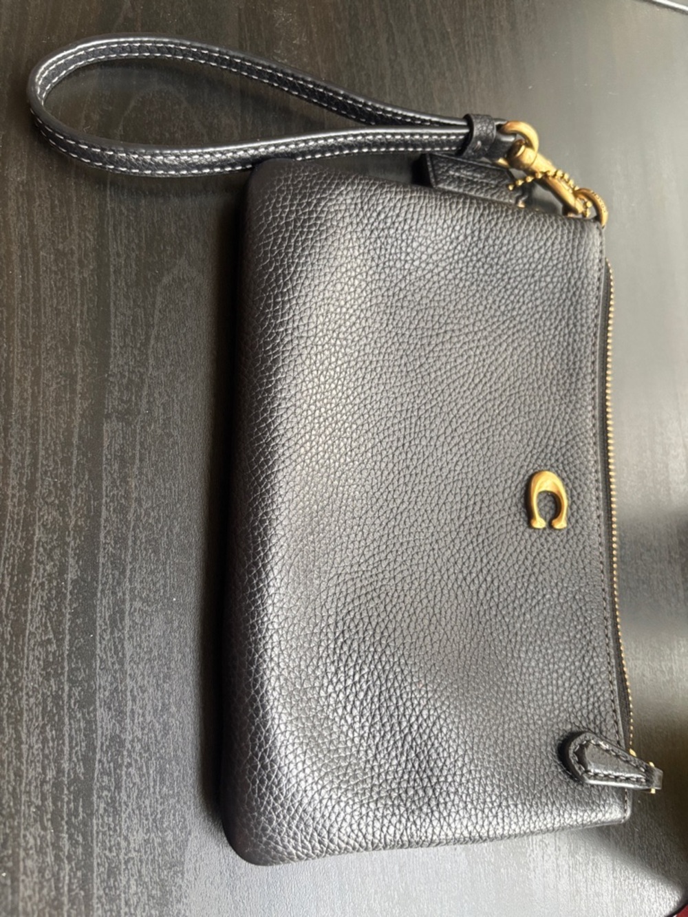 Coach Black Leather Wristlet Clutch with Gold Hardware